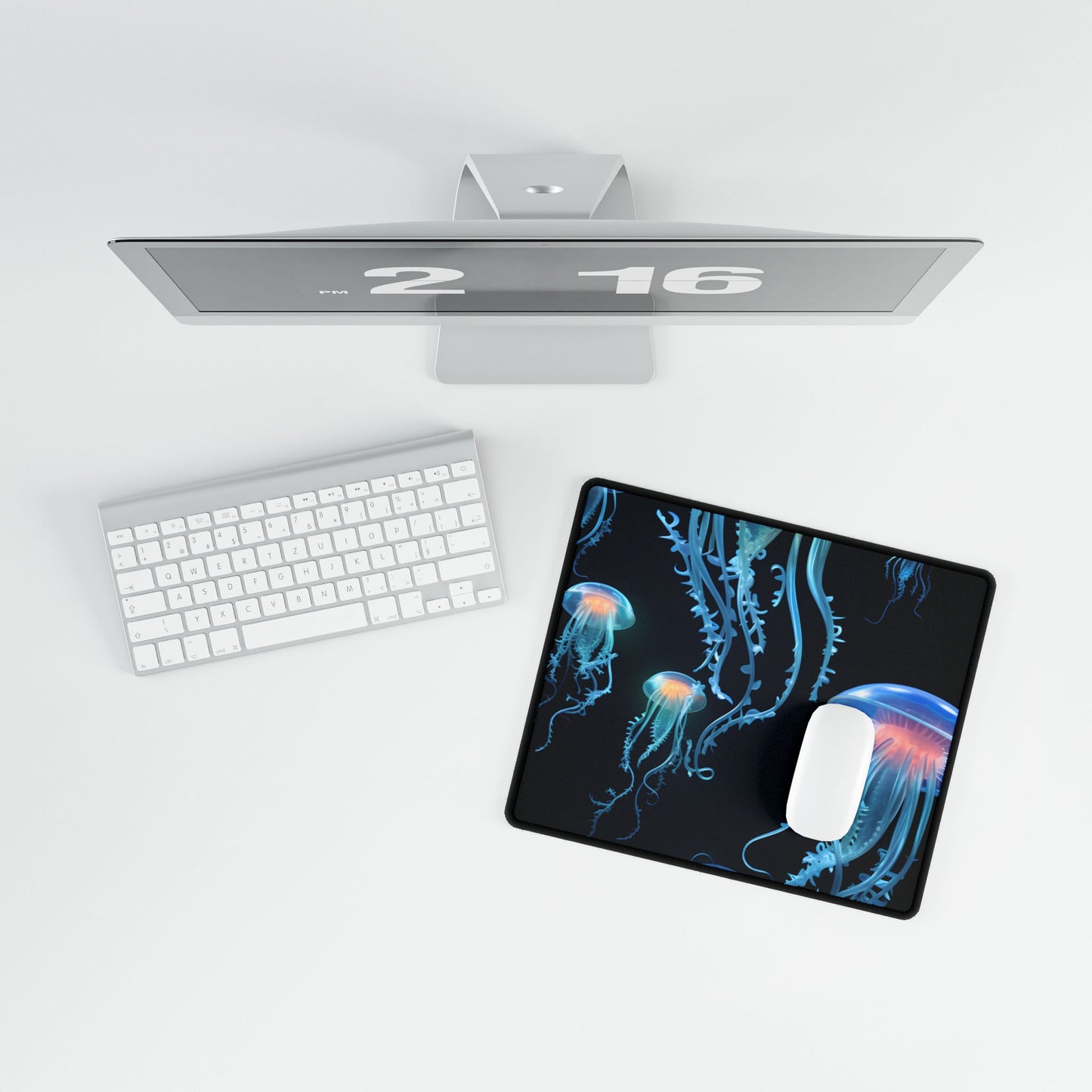 Bioluminescent Oceanic Ballet: Underwater Dance in Motion - Desk Mat