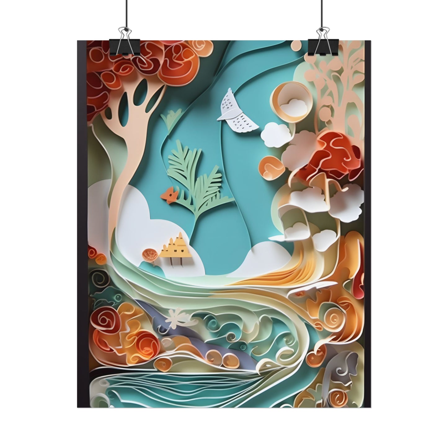 Paper Quilled Beach Sunset: Calming Beach Landscape Artwork - Poster