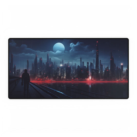 Melancholic Night: A Solo Figure in Cyberpunk Cityscape - Desk Mat