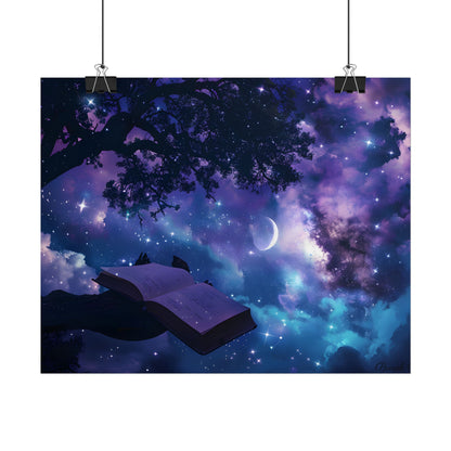 Mystical Night Sky: Celestial Dreams with Crescent Moon Art - Poster