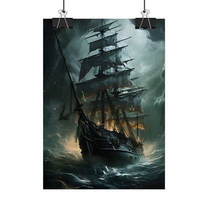 Ghostly Pirate Ship: Sailing Solo in Eerie Blue Skies - Poster