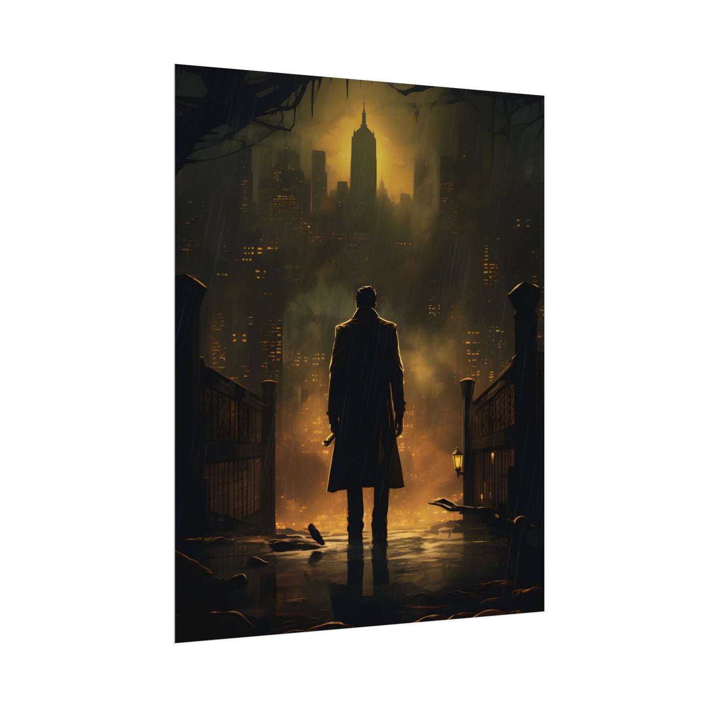 Urban Fantasy Detective: Moody City Skyline Reflection - Poster