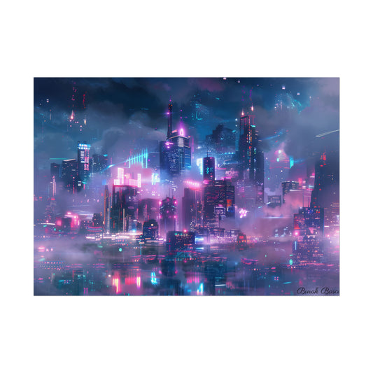 Futuristic Neon City: Urban Oasis at Night - Poster