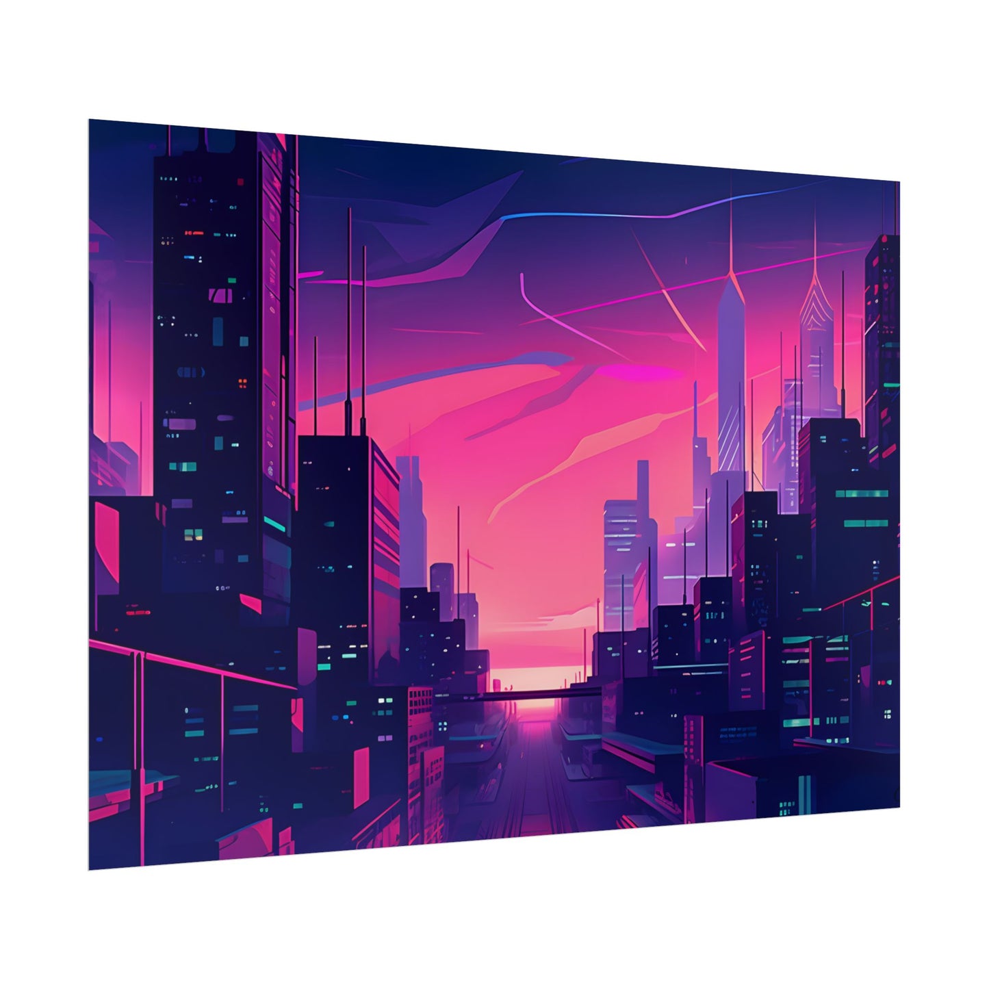 Melancholic Cyberpunk Cityscape: Neon Night Digital Art - Poster