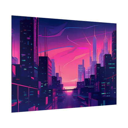 Melancholic Cyberpunk Cityscape: Neon Night Digital Art - Poster