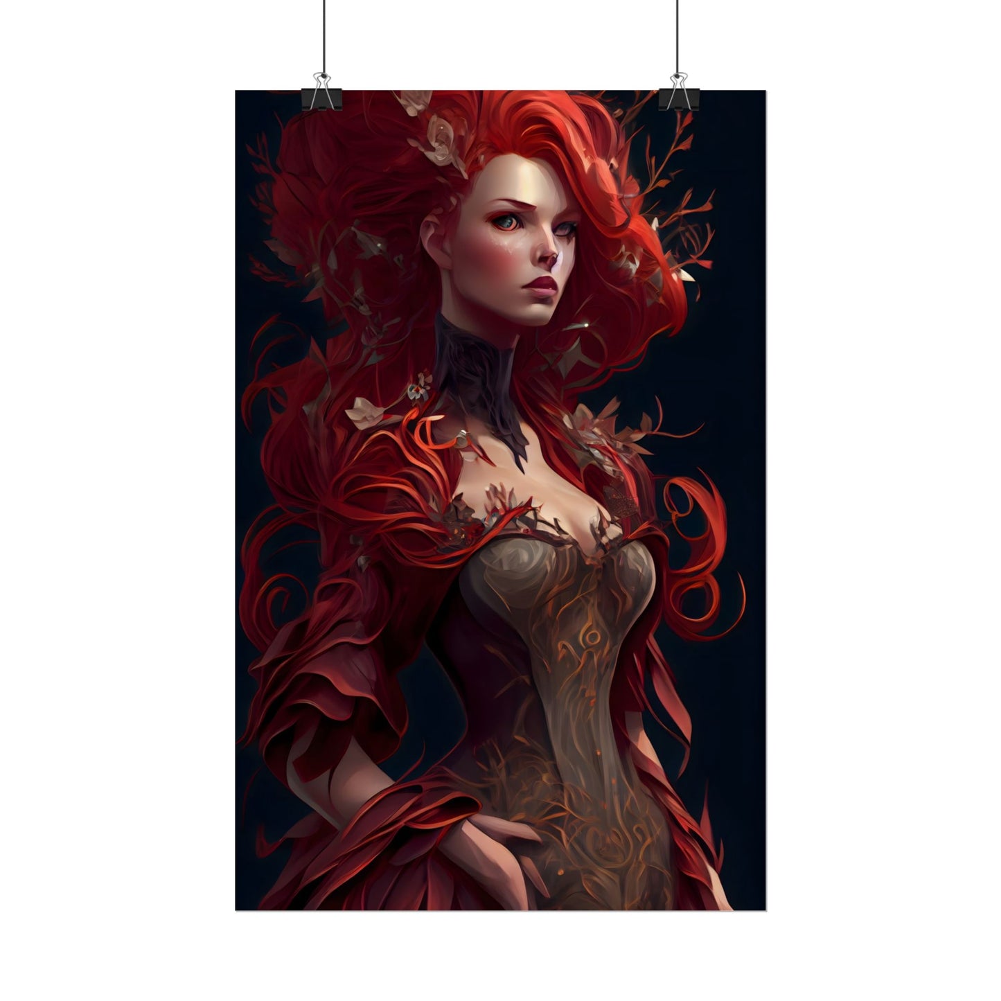 Red Hair Portrait: Elegant Female in Black Dress - Poster