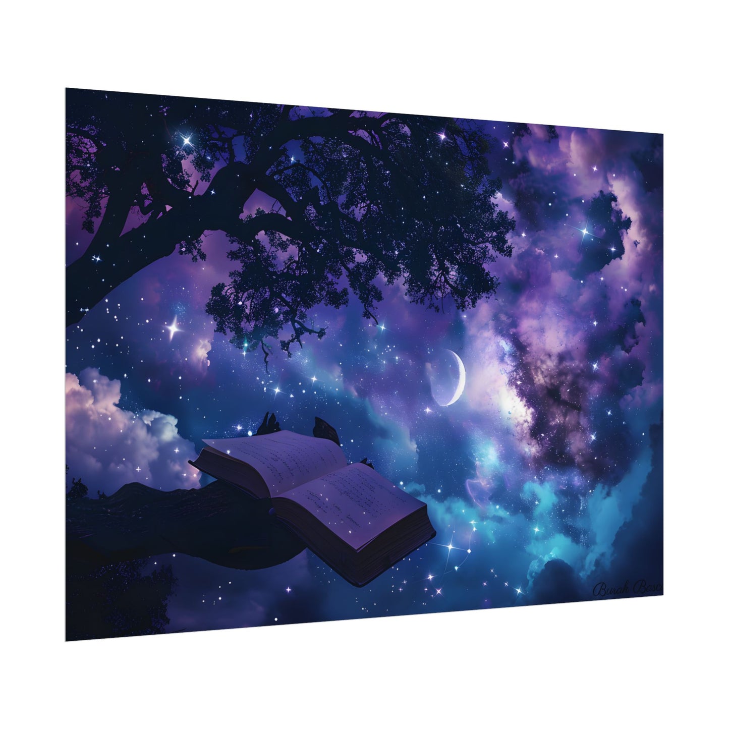Mystical Night Sky: Celestial Dreams with Crescent Moon Art - Poster