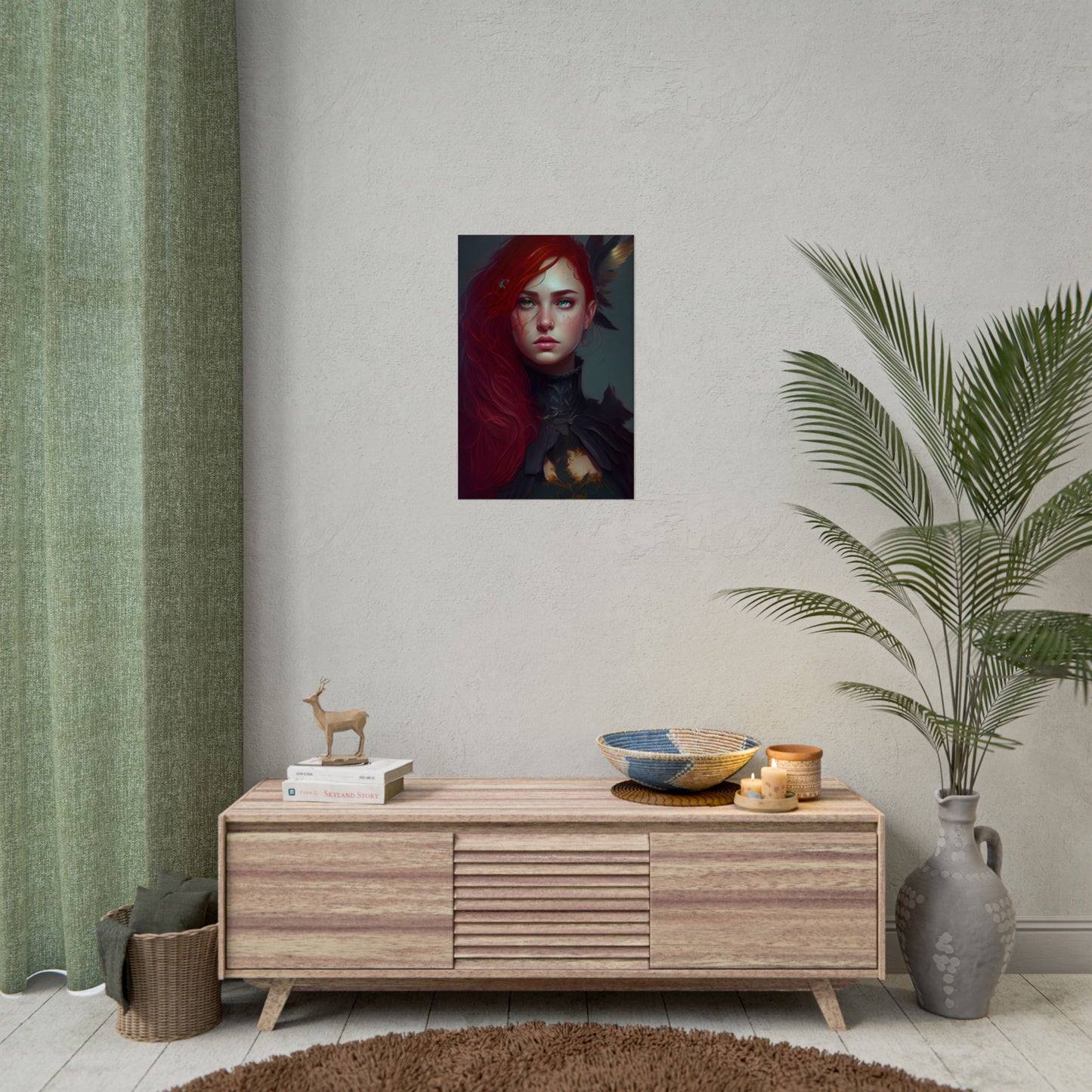 Vibrant Female Portrait: Red Hair Beauty in Neutral Dress - Poster