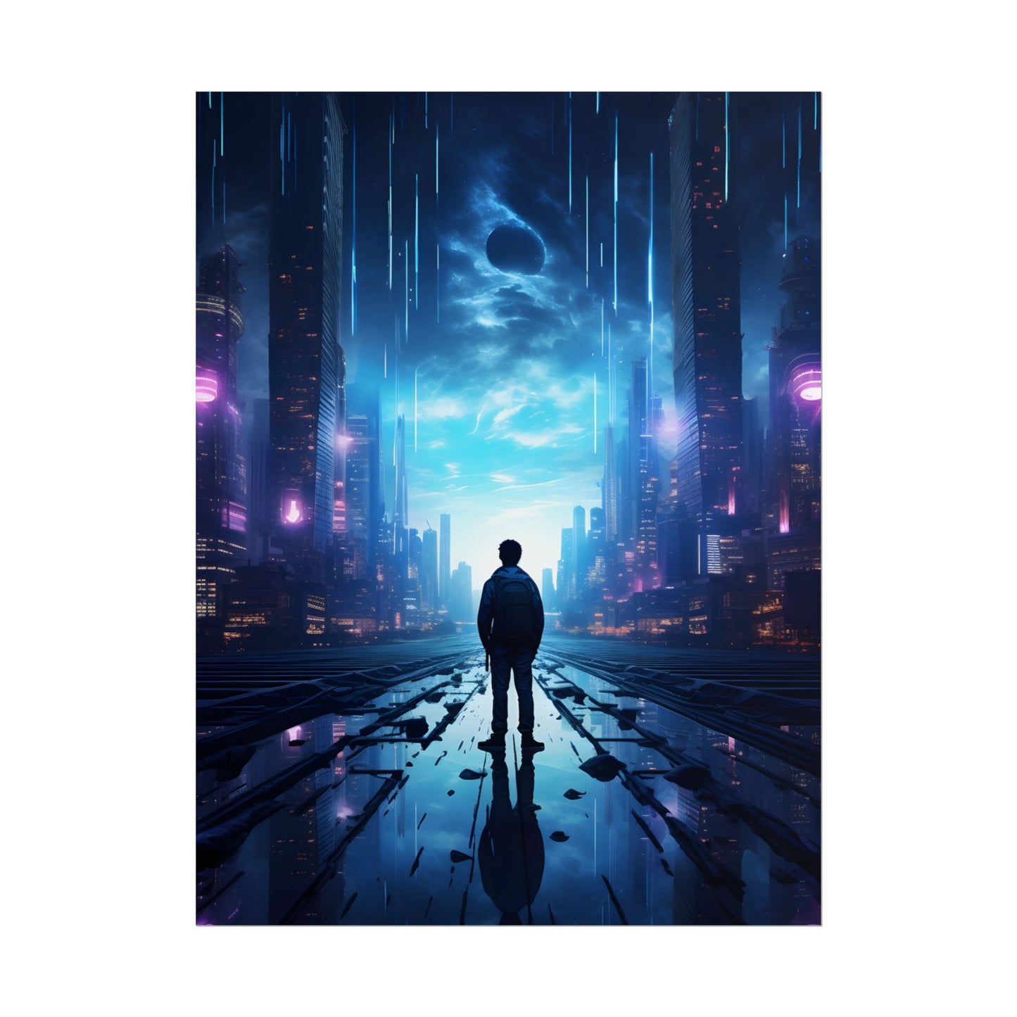 Cyberpunk Cityscape at Night: Melancholic Landscape Digital Art - Poster