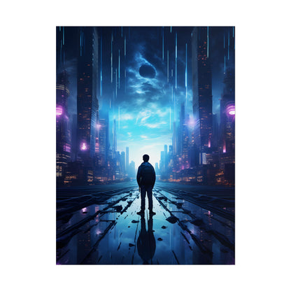 Cyberpunk Cityscape at Night: Melancholic Landscape Digital Art - Poster