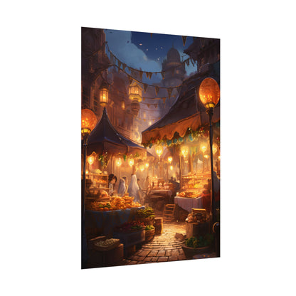 Magical Street Food Market: A Colorful Nighttime Scene - Poster