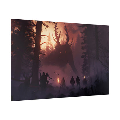 Serene Forest Sunset: Group Walking Through Misty Landscape - Poster