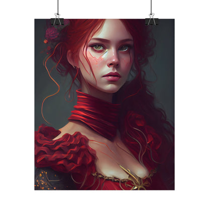 Vibrant Redhead Portrait: Female Artwork in Red Dress - Poster