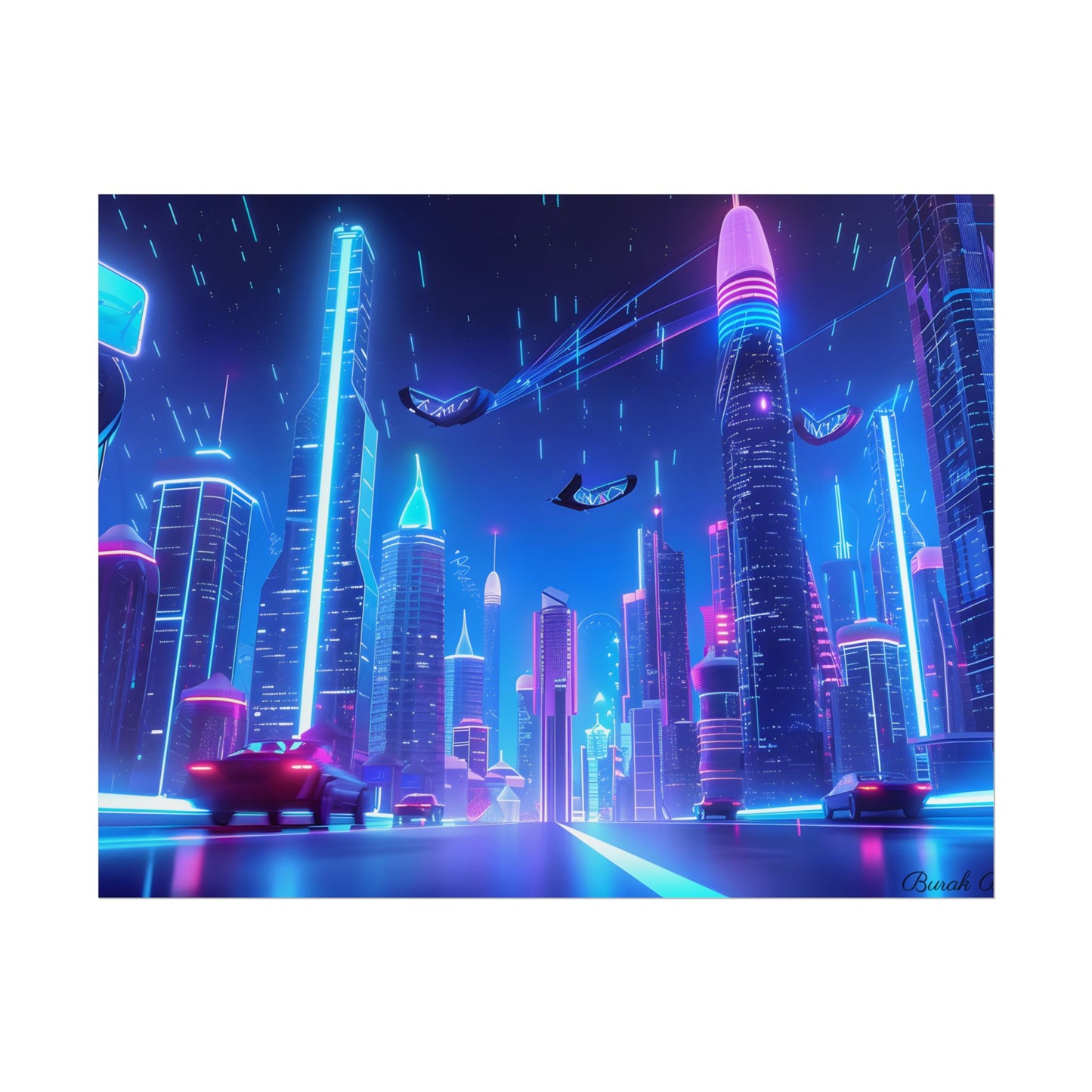 Vibrant Futuristic Cityscape: Neon Lights at Night Digital Artwork - Poster