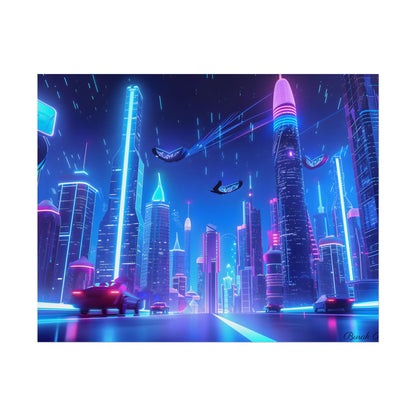 Vibrant Futuristic Cityscape: Neon Lights at Night Digital Artwork - Poster