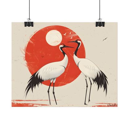 Serene Wildlife Sanctuary: Cranes in Red Nature Scene Art - Poster