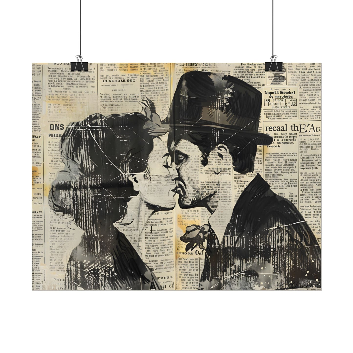 Vintage Romance Couples: Newsprint Artwork - Intimate Moments - Poster