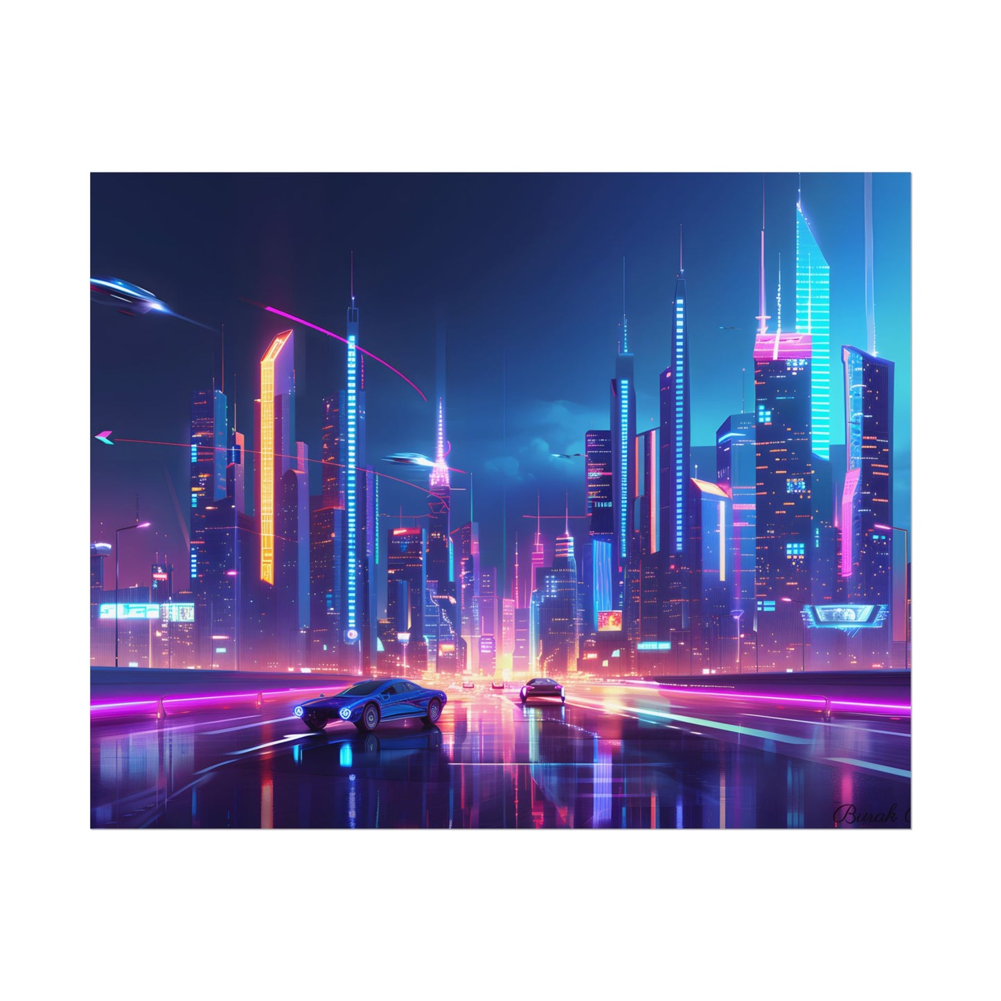 Futuristic City Glow: Neon Lights Digital Art - Poster