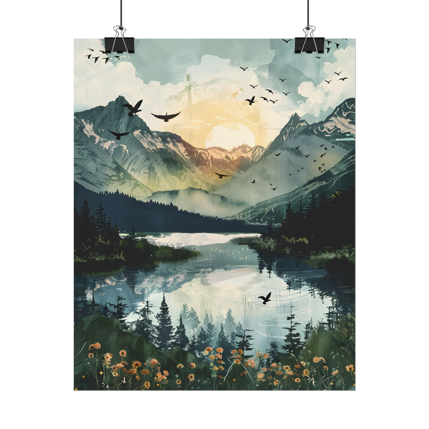 Serene Mountain Lake: Birds in Flight - Natural Art - Poster