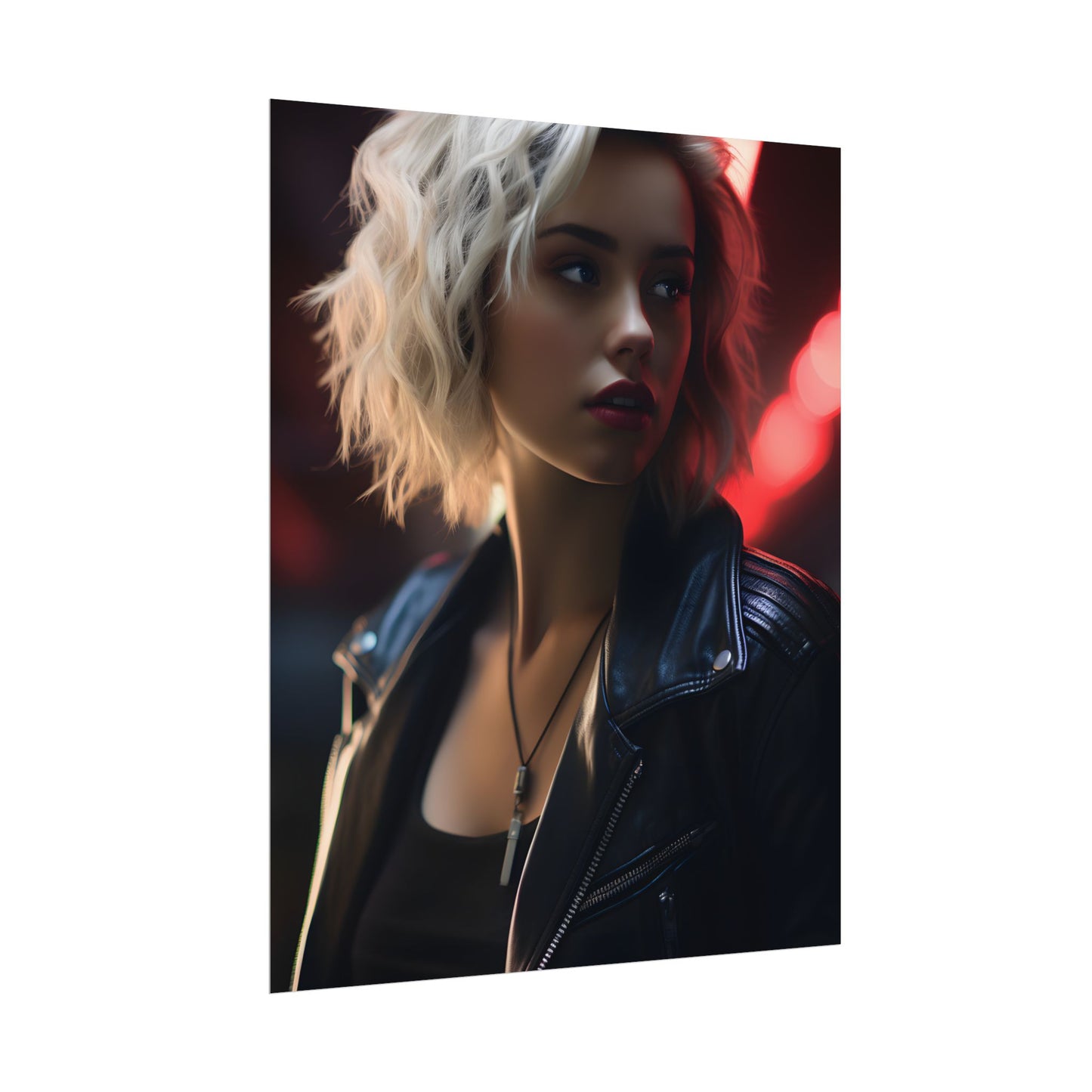 Cyberpunk Blonde: Closeup Portrait in Neon Hues - Poster