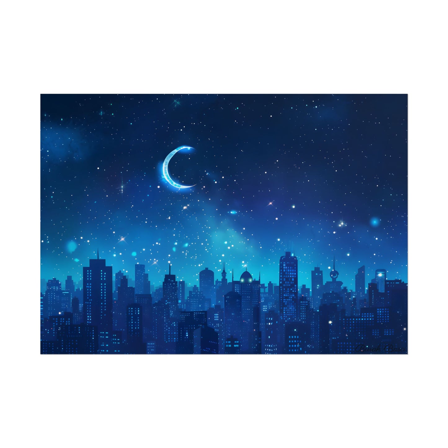 Peaceful Night Sky with Crescent Moon: Starry Digital Art - Poster