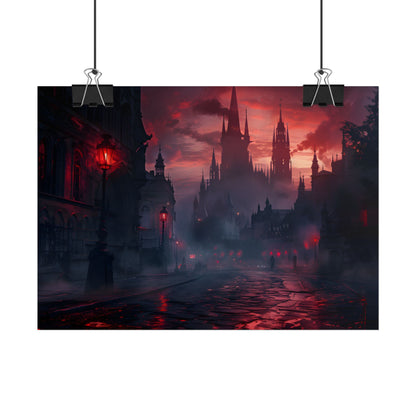 Gothic City Dusk: Pointed Arches and Misty Atmosphere - Poster
