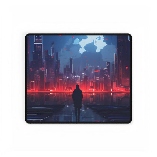 Cyberpunk Night Cityscape: A Melancholic Moment - Desk Mat
