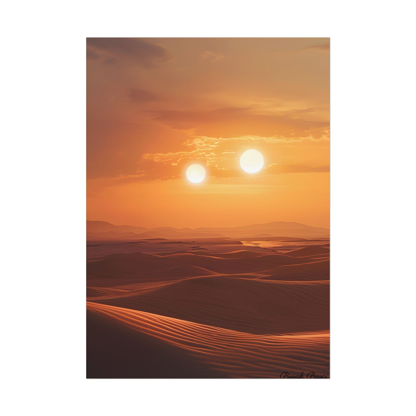 Serene Binary Sunset Artwork: A Peaceful Landscape - Poster