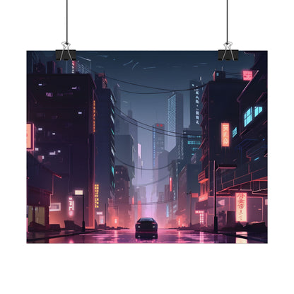 Cyberpunk Night: Melancholic Urban Landscape Artwork - Poster