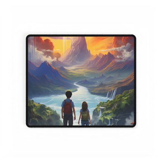 Girl, Boy, Meadow: A Peaceful Cloudy Day Artwork - Desk Mat
