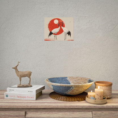 Serene Wildlife Sanctuary: Cranes in Red Nature Scene Art - Poster