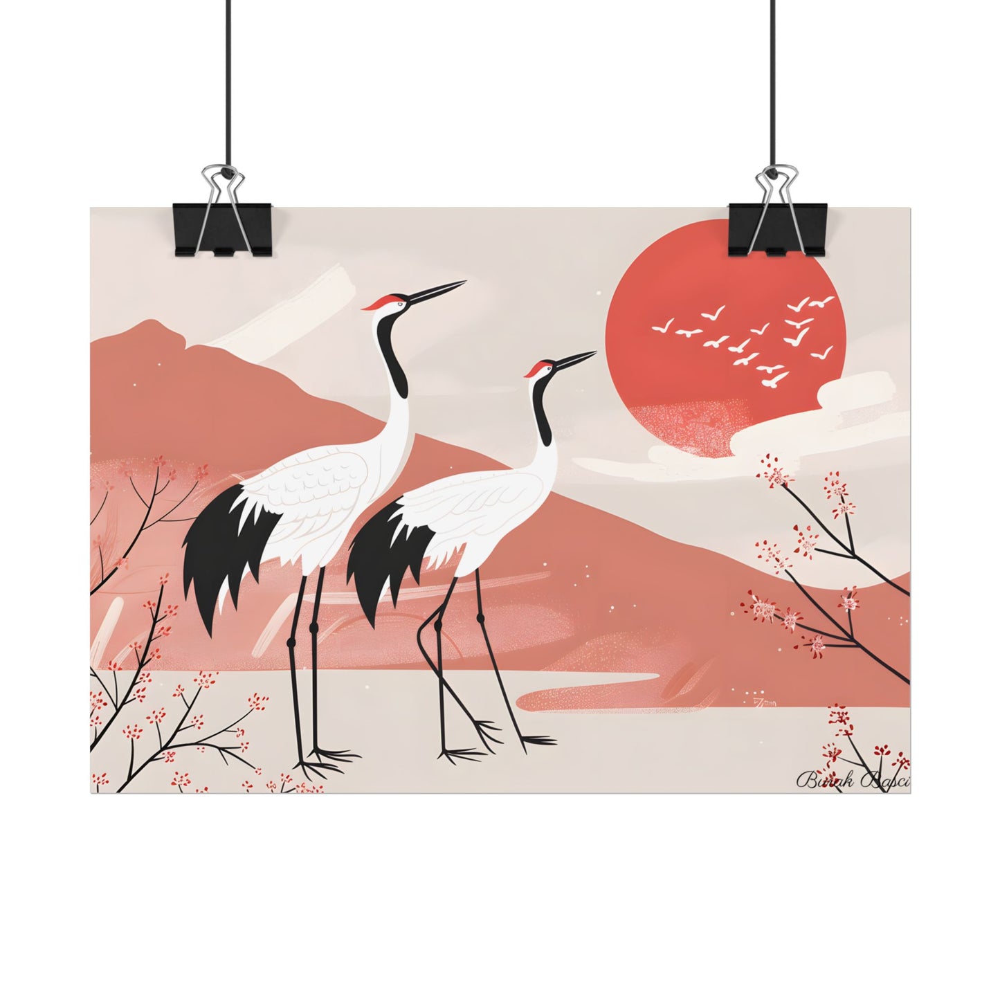 Serene Landscape with Cranes: Peaceful Nature Art - Poster