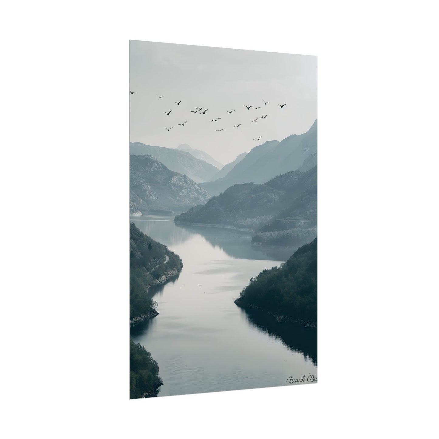 Peaceful Mountain Oasis: Serene Birds Eye View Artwork - Poster