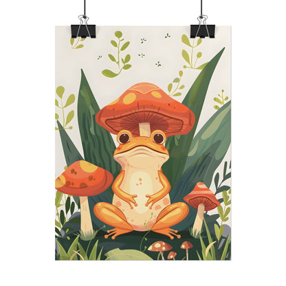 Retro Whimsy: Frog & Mushrooms in Close-Up Charm - Poster