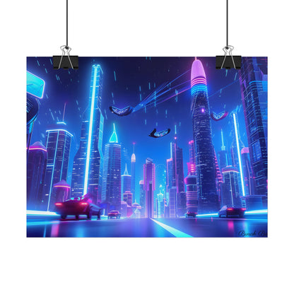 Vibrant Futuristic Cityscape: Neon Lights at Night Digital Artwork - Poster