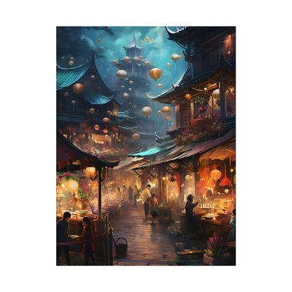 Enchanted Street Food Market: Vibrant Evening Artwork - Poster