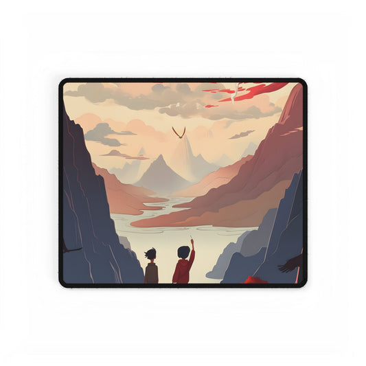 Serene Meadow Scene: Girl & Boy Under Cloudy Sky - Desk Mat