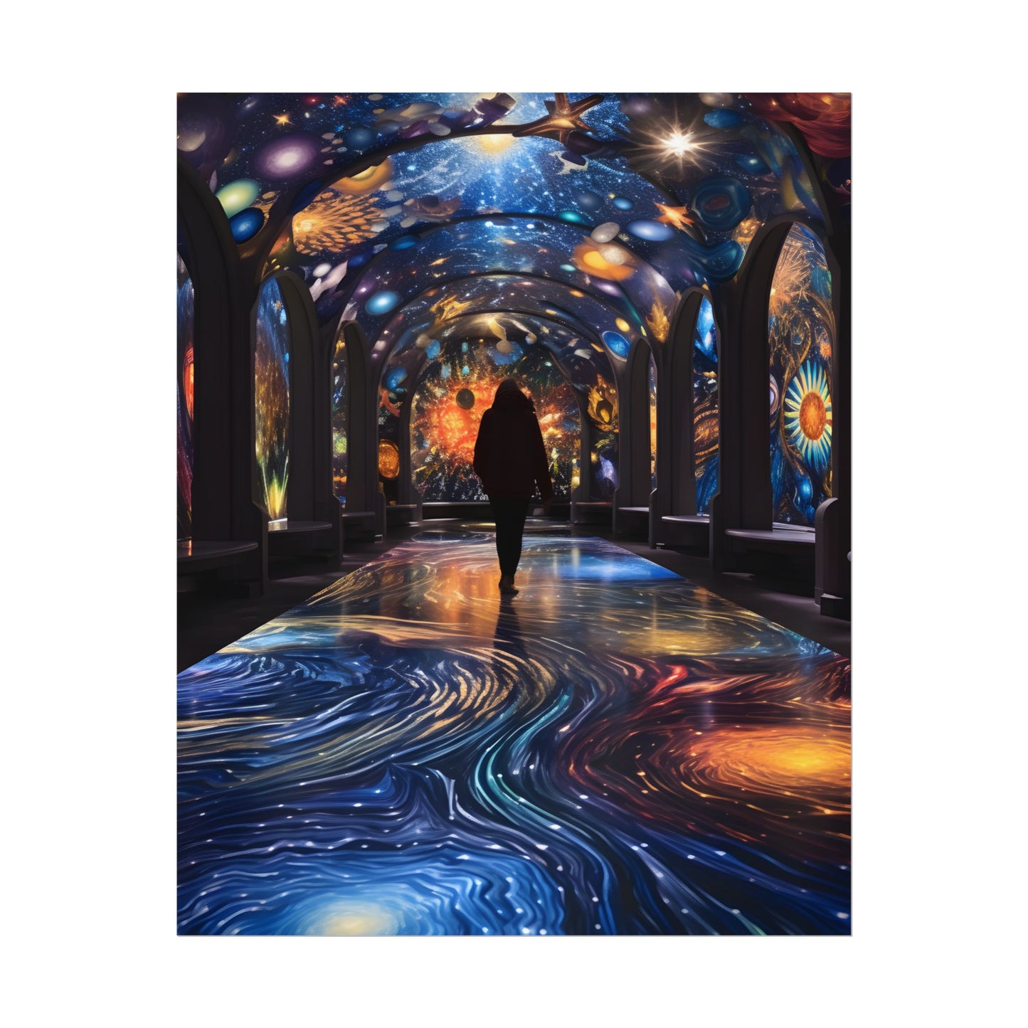 Celestial Art Gallery: Vibrant Space-Themed Artwork in a Colorful Interior - Poster
