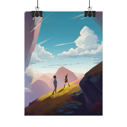 Young Boy and Girl on Cloudy Meadow: Outdoor Landscape Art - Poster