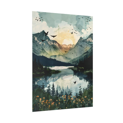 Serene Mountain Lake: Birds in Flight - Natural Art - Poster
