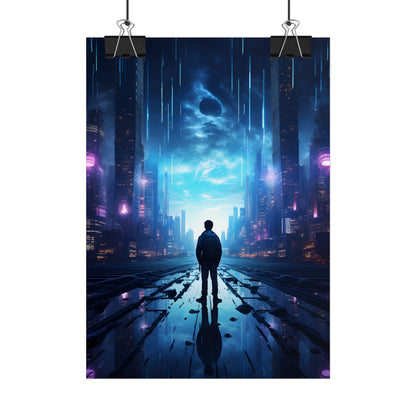Cyberpunk Cityscape at Night: Melancholic Landscape Digital Art - Poster