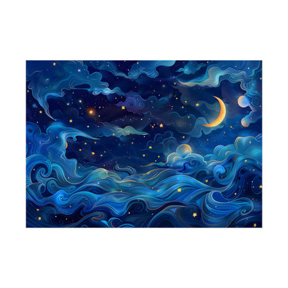Whimsical Dreamy Night Sky: Stars, Moon, and Shooting Star - Poster