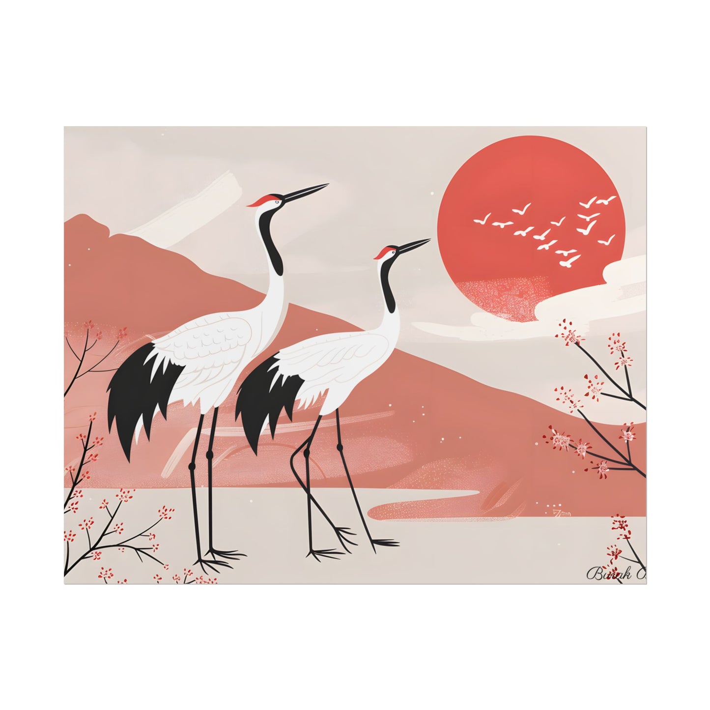 Serene Landscape with Cranes: Peaceful Nature Art - Poster