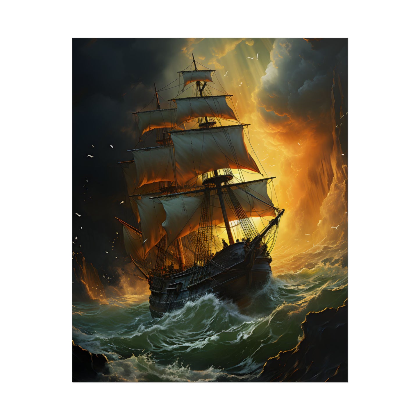 Mostly Green Seascape: Magnificent Oil Painting of a Ship - Poster