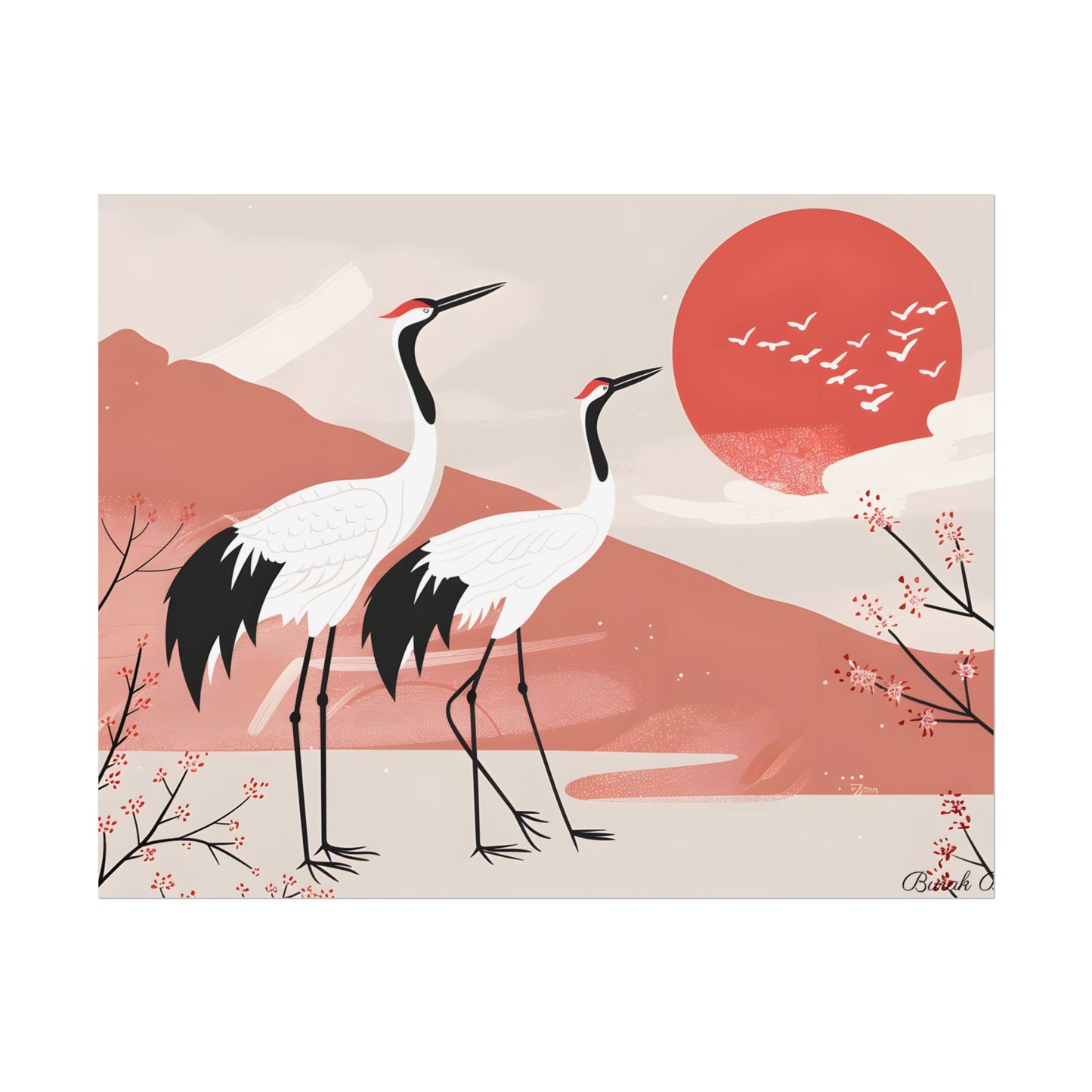 Serene Landscape with Cranes: Peaceful Nature Art - Poster