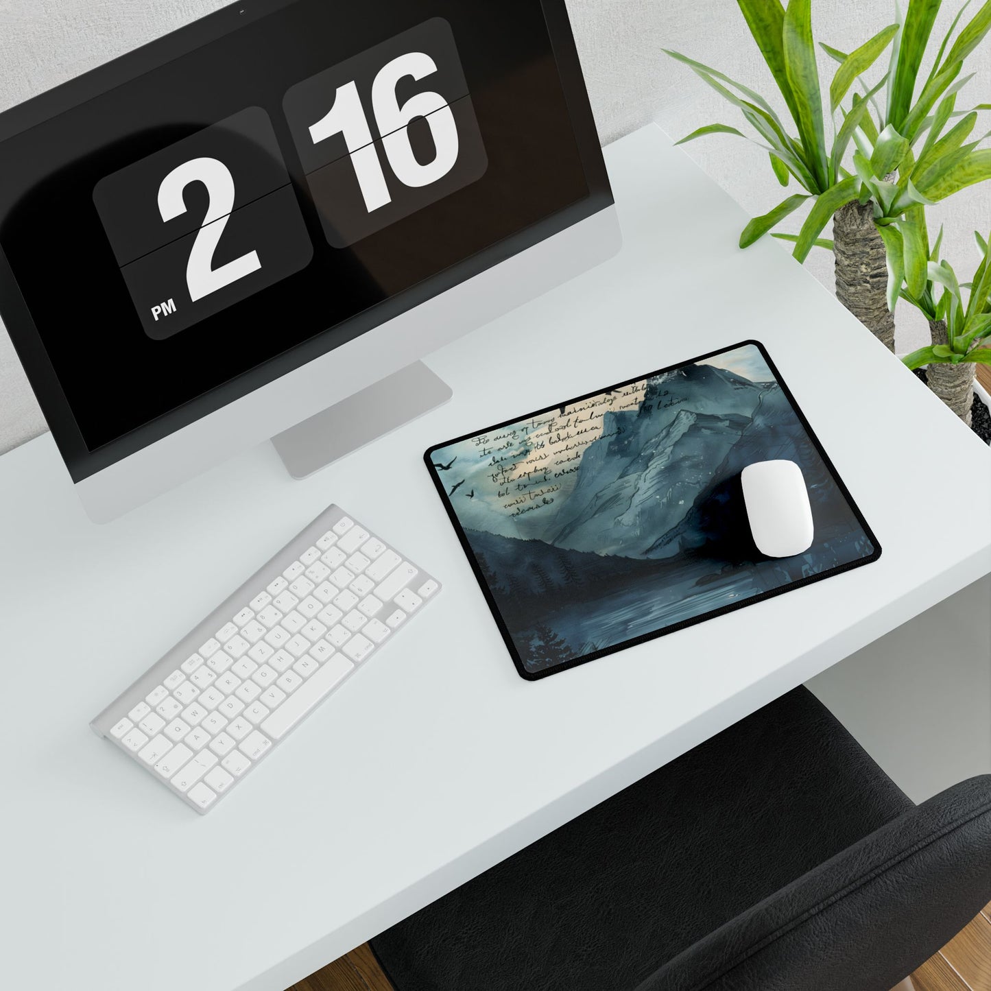 Vibrant Mountain Landscape: Birds in Flight Over Serene Lake - Desk Mat