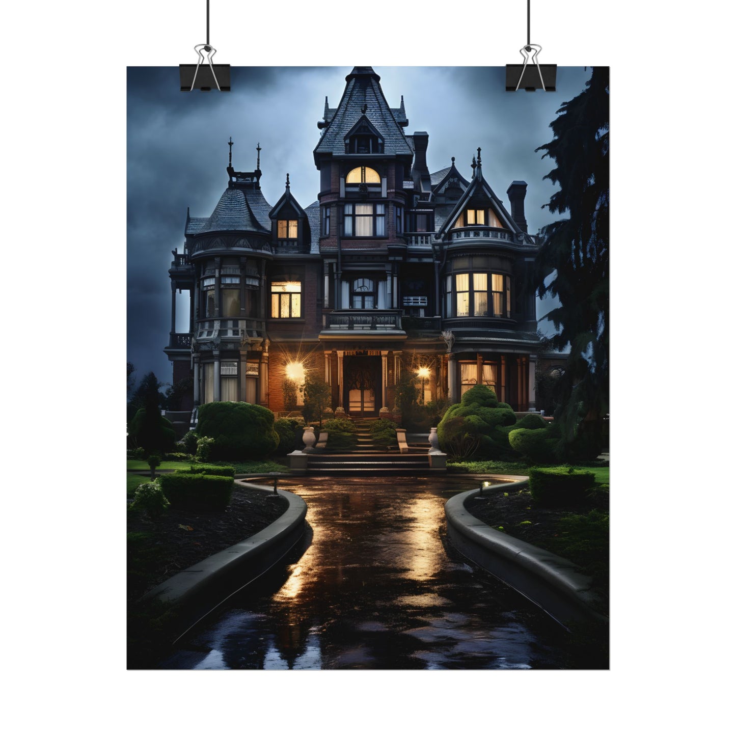 Haunted Victorian Mansion: Spooky Stormy Night Art - Poster