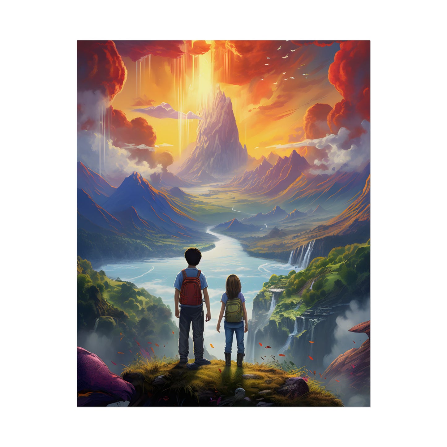 Girl, Boy, Meadow: A Peaceful Cloudy Day Artwork - Poster