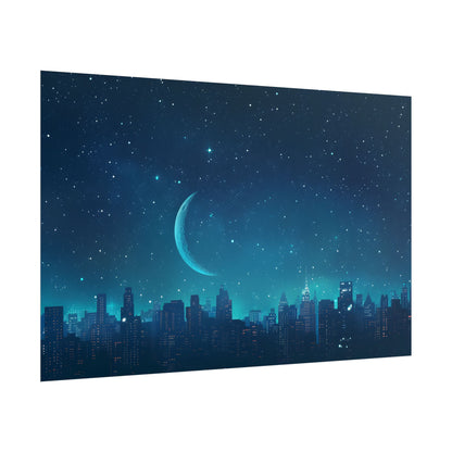 Starry Night Sky: Tranquil Dark Blue Scene with Crescent Moon - Poster