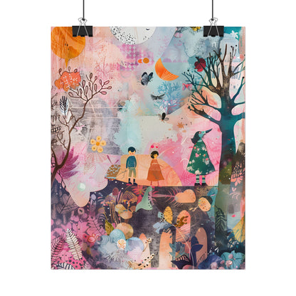 Colorful Whimsy: Blue Fish, Yellow Bird, Pink Cat Art Collage - Poster